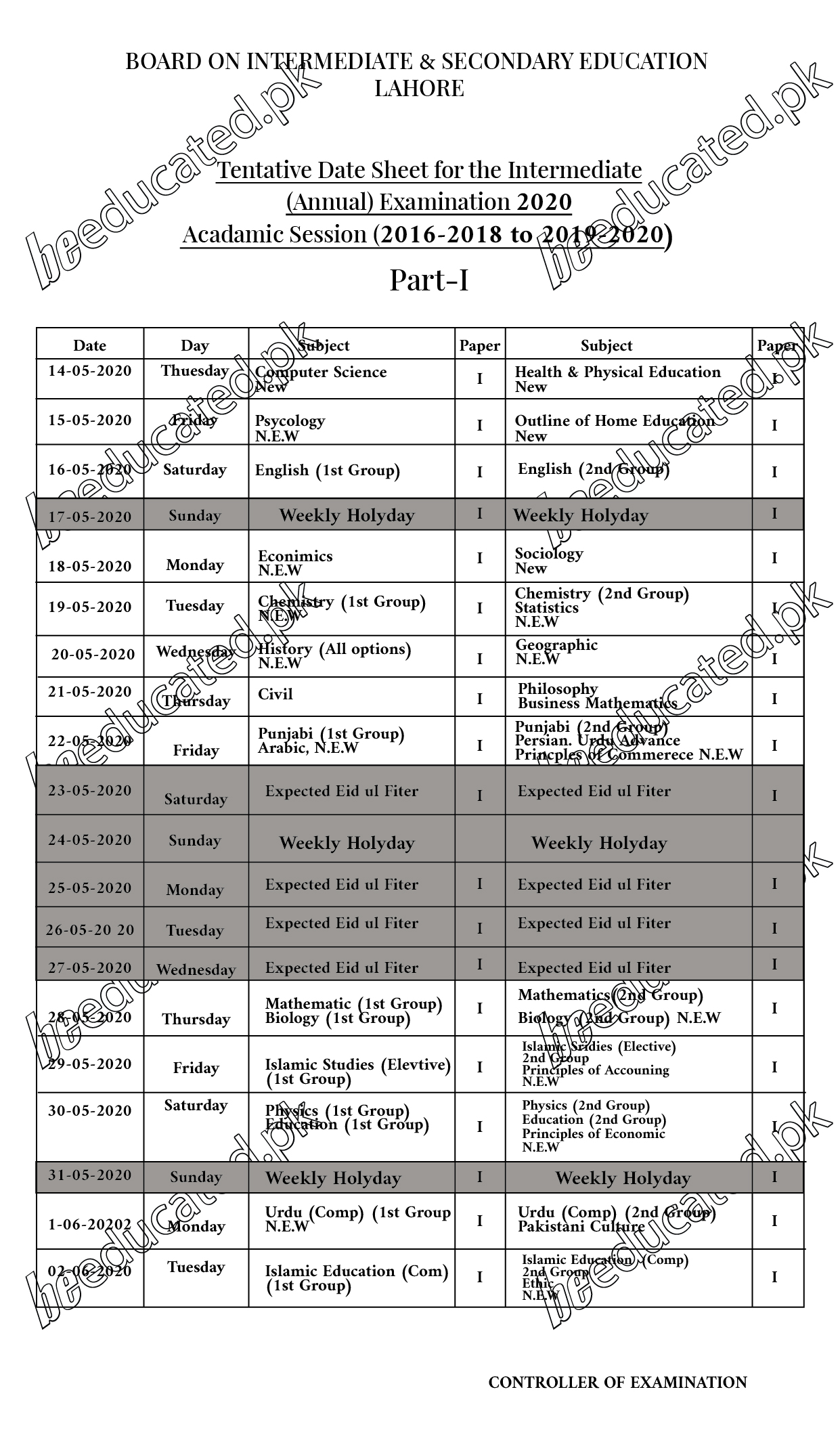 11th Class Date Sheet 2020 Gujranwala Board FSc ICS FA Inter Part 1